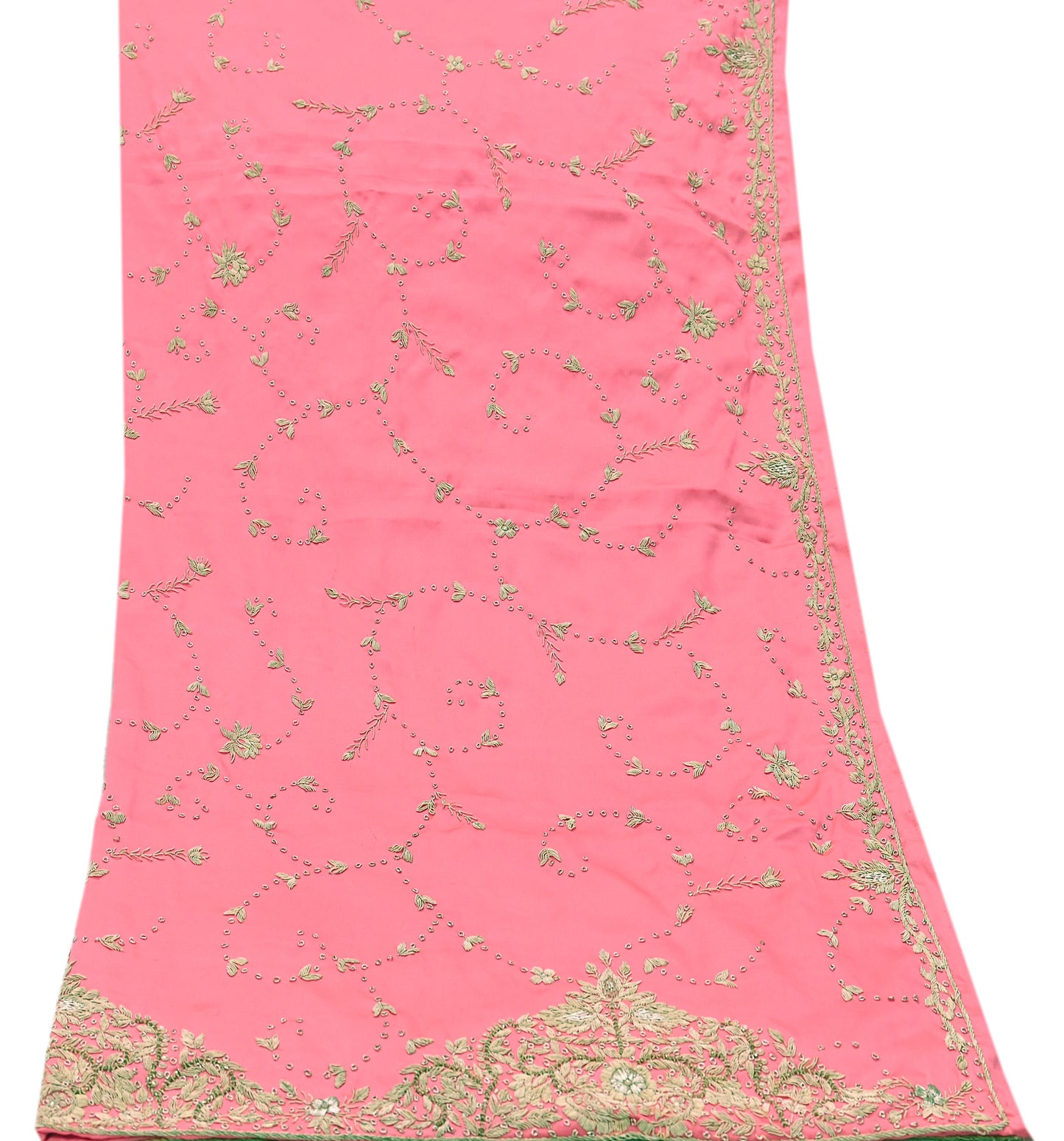 Indian Vintage Heavy Wedding Pink Dupatta Pure Satin Silk Long Stole Hand Embroidered Scarves Golden Zardozi Bridal Veil