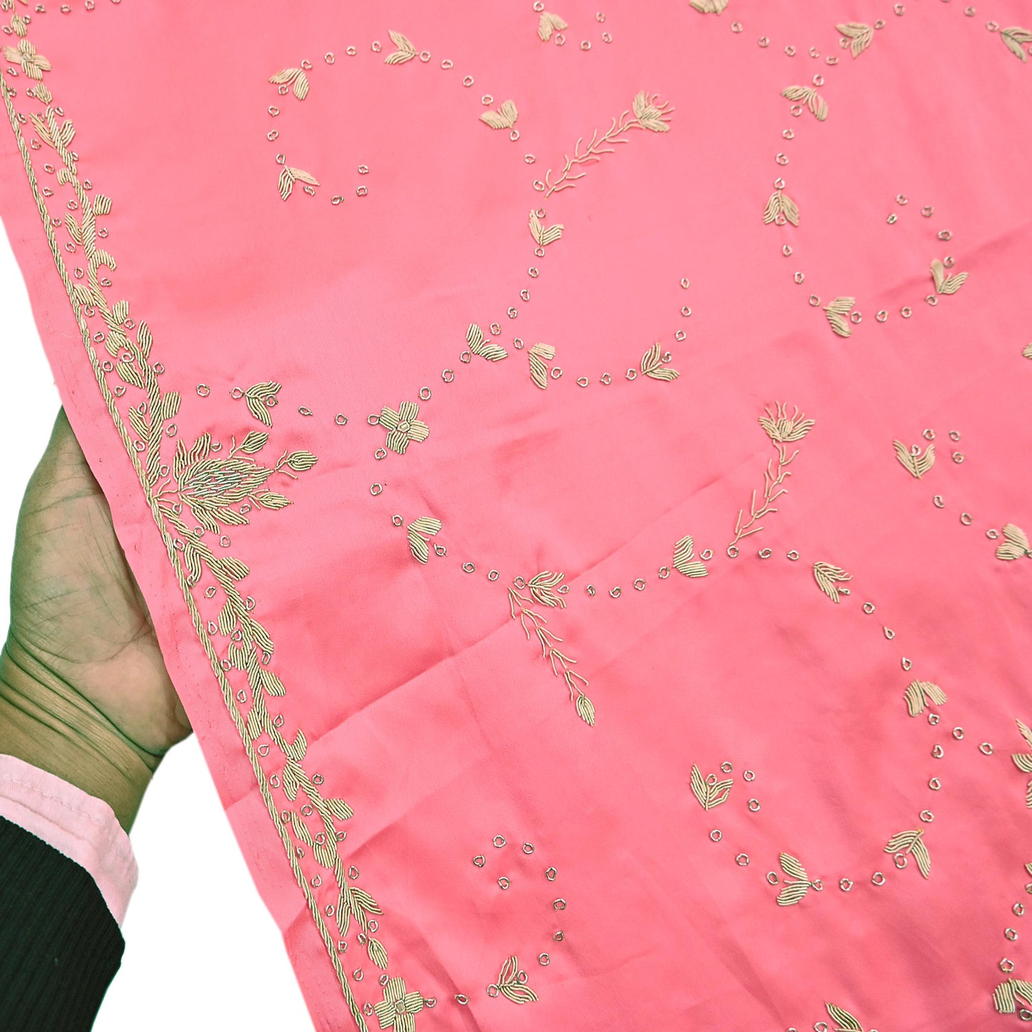 Indian Vintage Heavy Wedding Pink Dupatta Pure Satin Silk Long Stole Hand Embroidered Scarves Golden Zardozi Bridal Veil