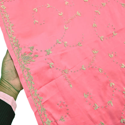 Indian Vintage Heavy Wedding Pink Dupatta Pure Satin Silk Long Stole Hand Embroidered Scarves Golden Zardozi Bridal Veil