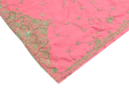 Indian Vintage Heavy Wedding Pink Dupatta Pure Satin Silk Long Stole Hand Embroidered Scarves Golden Zardozi Bridal Veil