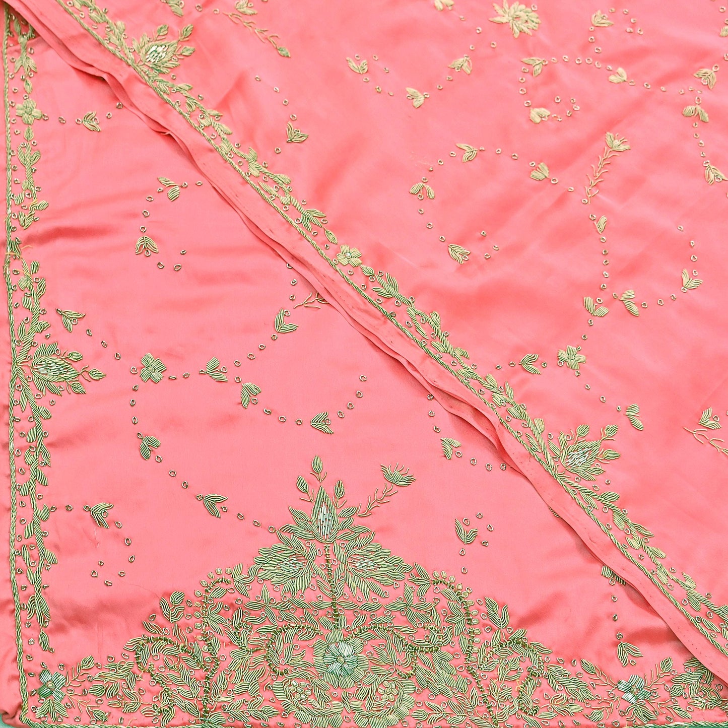 Indian Vintage Heavy Wedding Pink Dupatta Pure Satin Silk Long Stole Hand Embroidered Scarves Golden Zardozi Bridal Veil