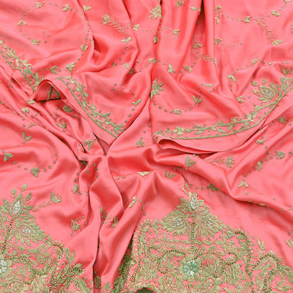 Indian Vintage Heavy Wedding Pink Dupatta Pure Satin Silk Long Stole Hand Embroidered Scarves Golden Zardozi Bridal Veil