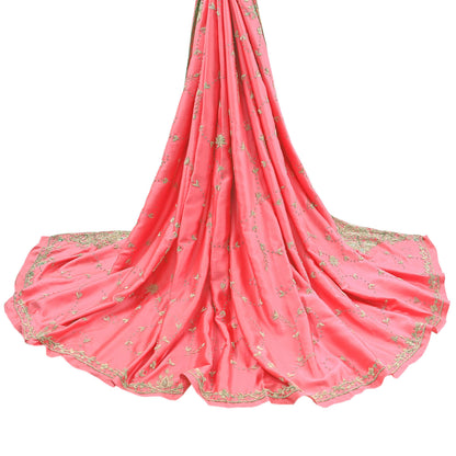 Indian Vintage Heavy Wedding Pink Dupatta Pure Satin Silk Long Stole Hand Embroidered Scarves Golden Zardozi Bridal Veil
