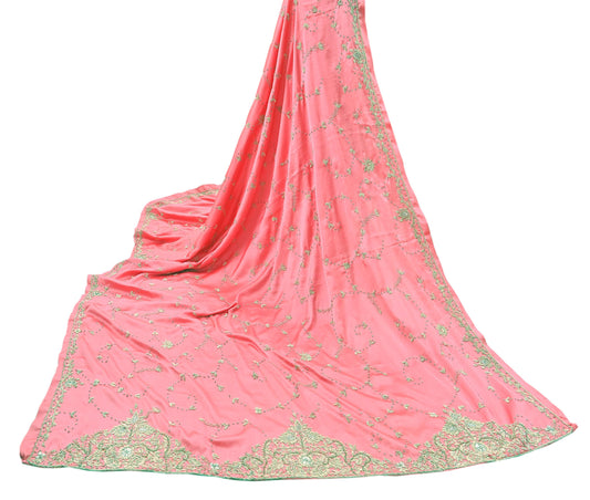 Indian Vintage Heavy Wedding Pink Dupatta Pure Satin Silk Long Stole Hand Embroidered Scarves Golden Zardozi Bridal Veil