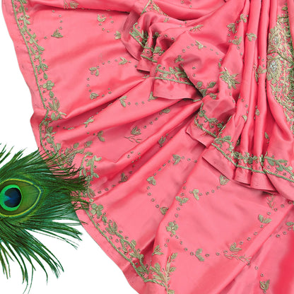 Indian Vintage Heavy Wedding Pink Dupatta Pure Satin Silk Long Stole Hand Embroidered Scarves Golden Zardozi Bridal Veil