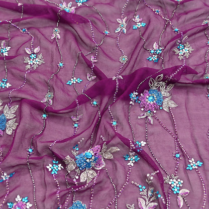 Indian Vintage Heavy Purple Dupatta Pure Georgette Silk Long Stole Hand Embroidered Scarf Zari