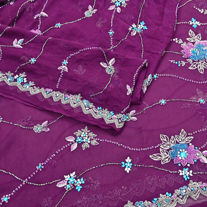 Indian Vintage Heavy Purple Dupatta Pure Georgette Silk Long Stole Hand Embroidered Scarf Zari