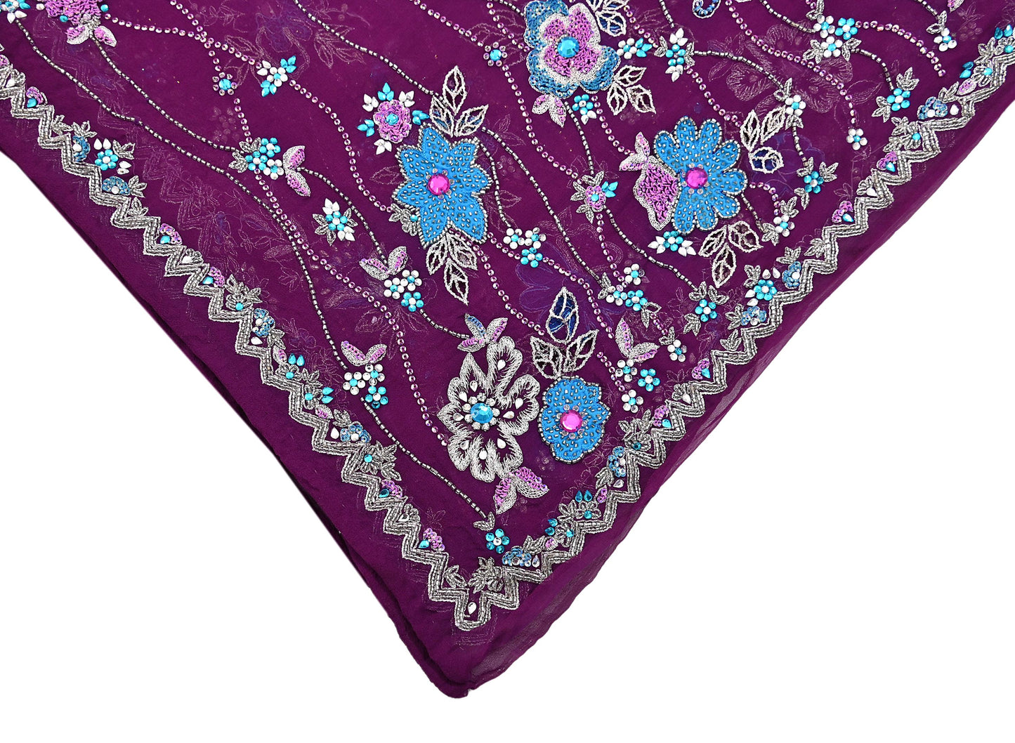 Indian Vintage Heavy Purple Dupatta Pure Georgette Silk Long Stole Hand Embroidered Scarf Zari