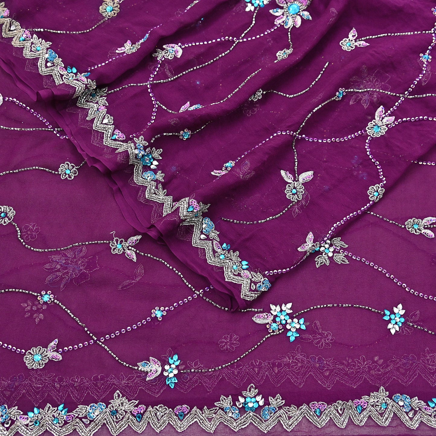 Indian Vintage Heavy Purple Dupatta Pure Georgette Silk Long Stole Hand Embroidered Scarf Zari