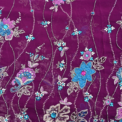Indian Vintage Heavy Purple Dupatta Pure Georgette Silk Long Stole Hand Embroidered Scarf Zari