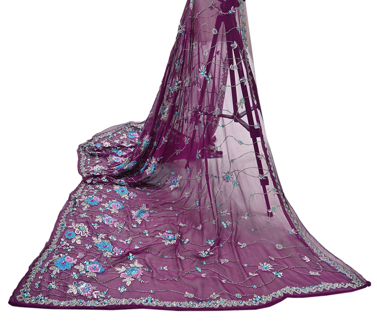 Indian Vintage Heavy Purple Dupatta Pure Georgette Silk Long Stole Hand Embroidered Scarf Zari