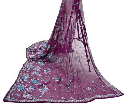 Indian Vintage Heavy Purple Dupatta Pure Georgette Silk Long Stole Hand Embroidered Scarf Zari