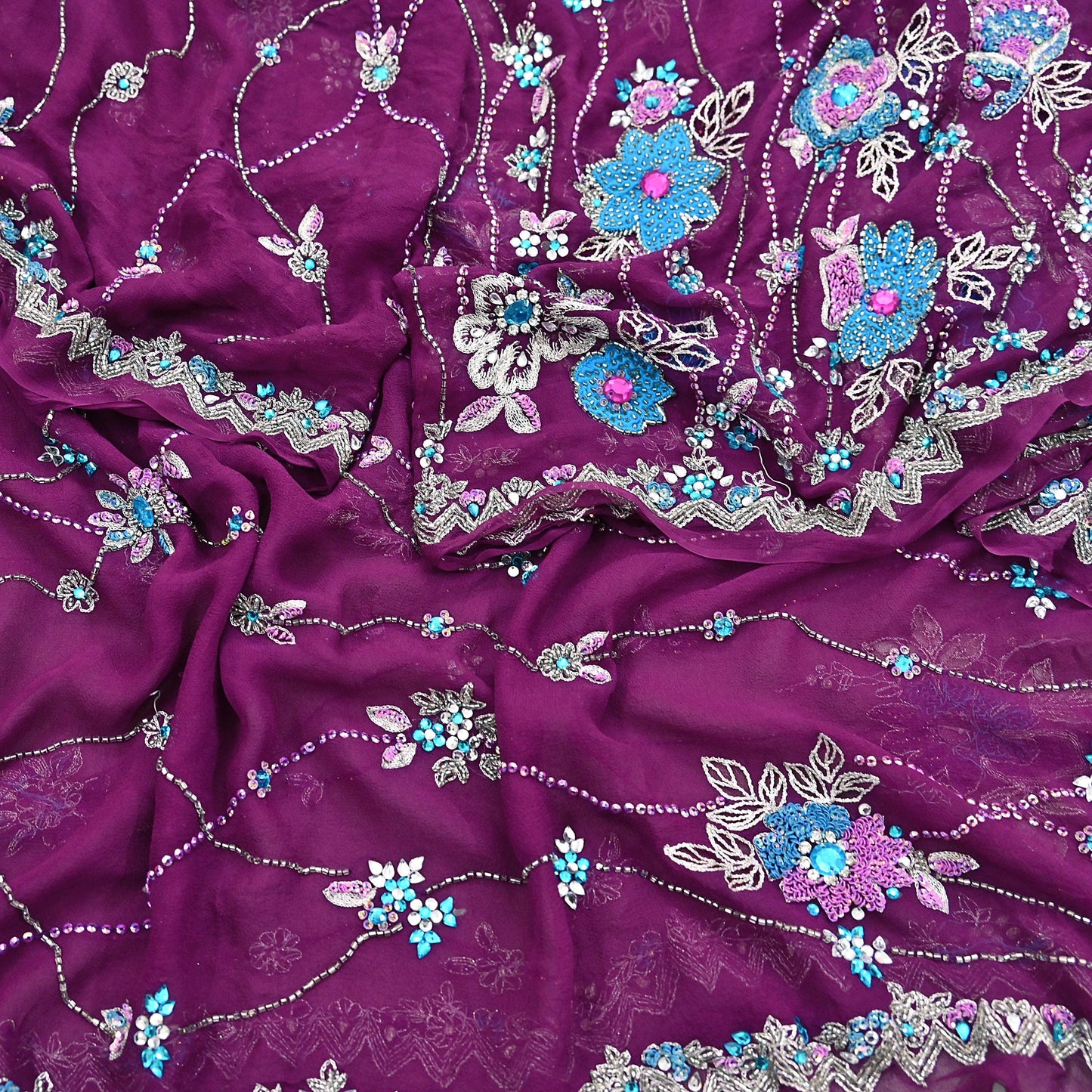 Indian Vintage Heavy Purple Dupatta Pure Georgette Silk Long Stole Hand Embroidered Scarf Zari