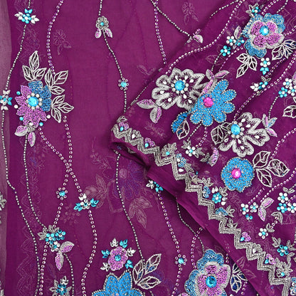 Indian Vintage Heavy Purple Dupatta Pure Georgette Silk Long Stole Hand Embroidered Scarf Zari
