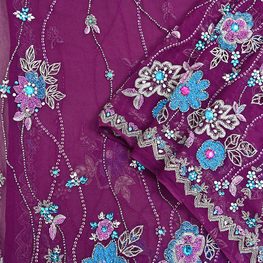 Indian Vintage Heavy Purple Dupatta Pure Georgette Silk Long Stole Hand Embroidered Scarf Zari