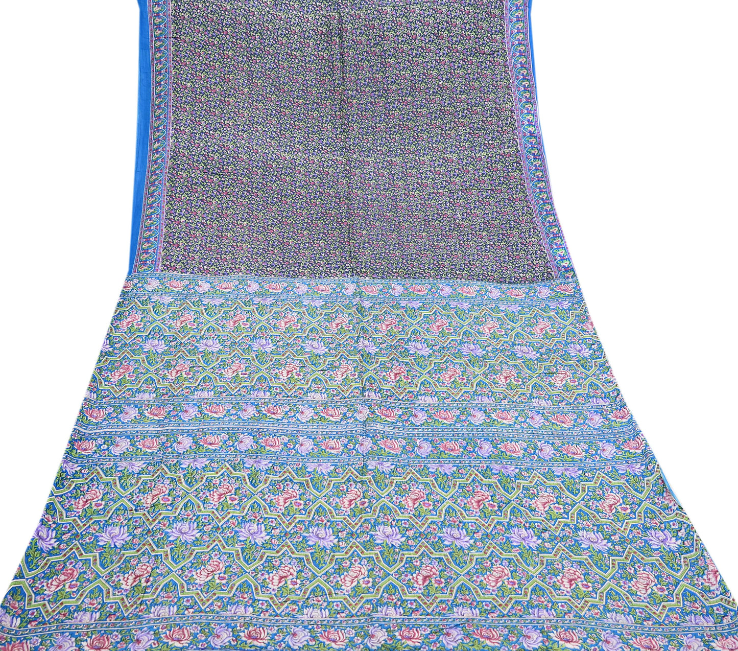 Indian Vintage Blue Sarees Pure Cotton Block Printed Sari 5yd Sewing Craft Fabric DressMaking Soft Crafting Quilting Upcycle