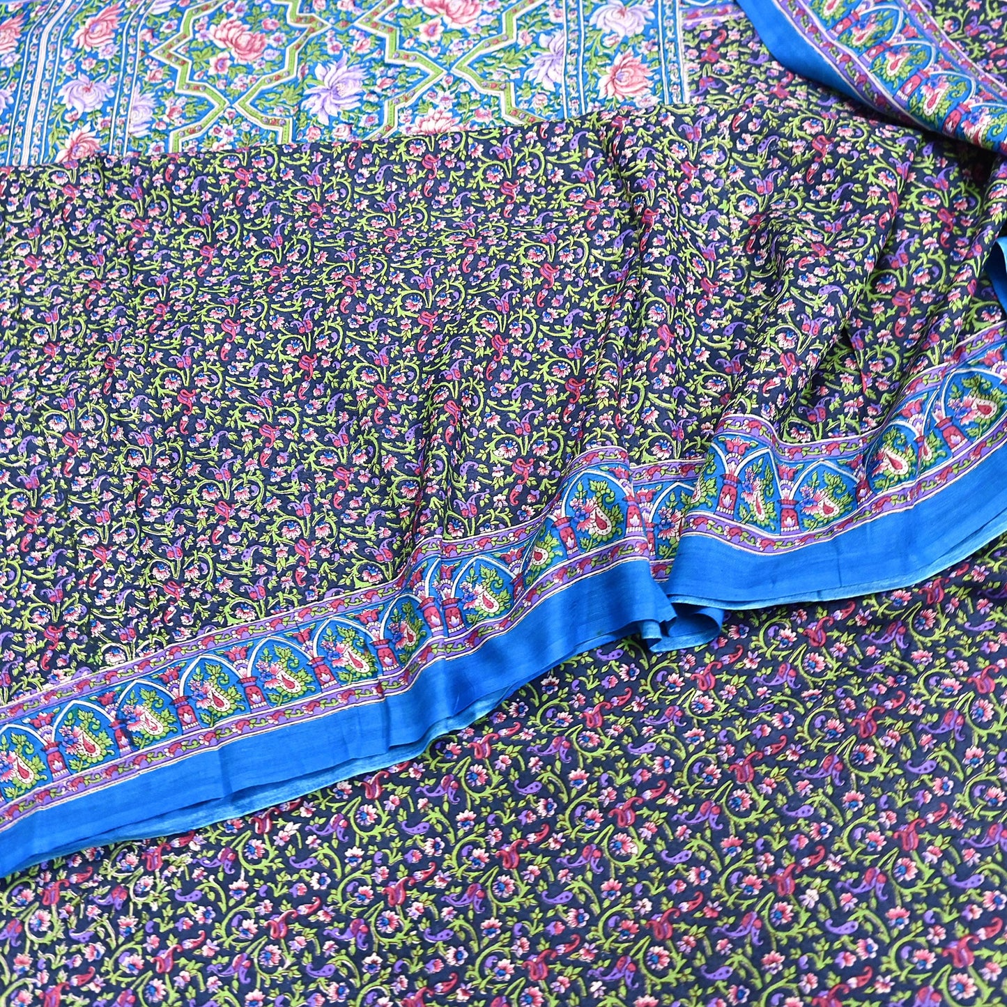 Indian Vintage Blue Sarees Pure Cotton Block Printed Sari 5yd Sewing Craft Fabric DressMaking Soft Crafting Quilting Upcycle