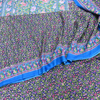 Indian Vintage Blue Sarees Pure Cotton Block Printed Sari 5yd Sewing Craft Fabric DressMaking Soft Crafting Quilting Upcycle