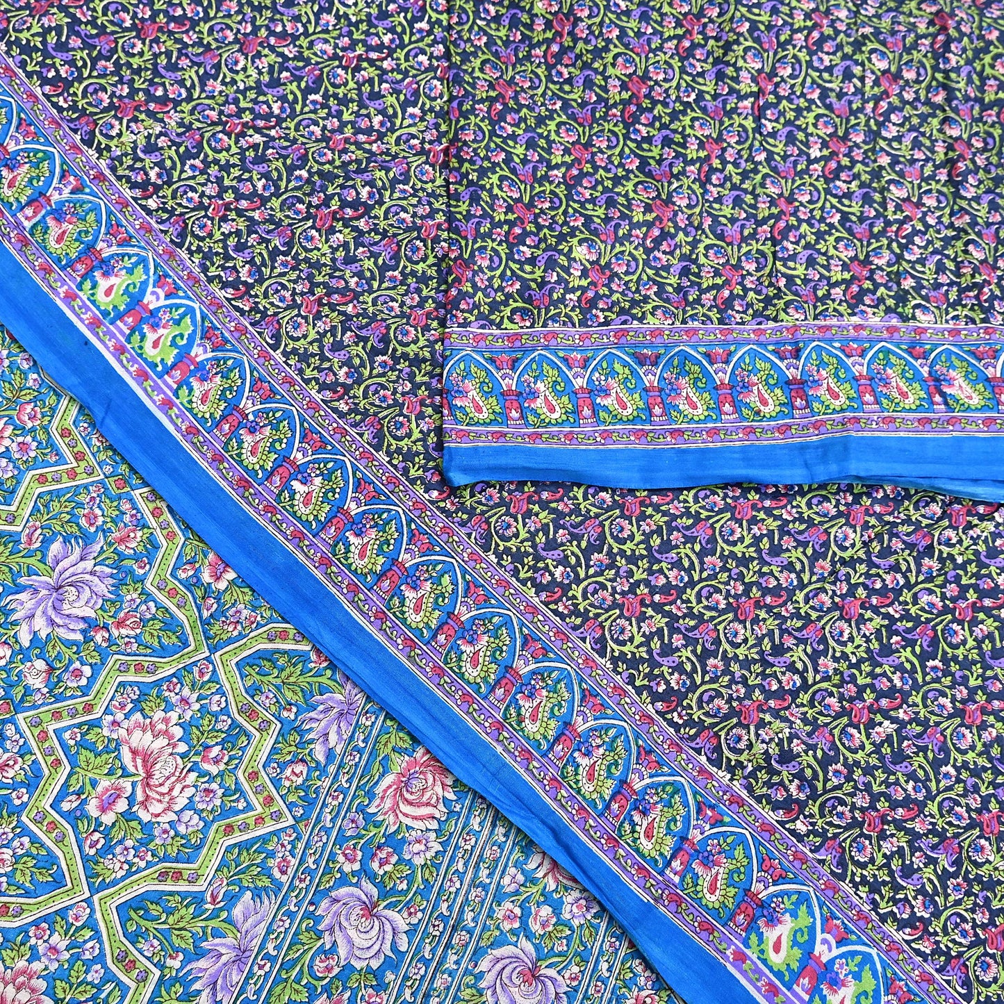 Indian Vintage Blue Sarees Pure Cotton Block Printed Sari 5yd Sewing Craft Fabric DressMaking Soft Crafting Quilting Upcycle