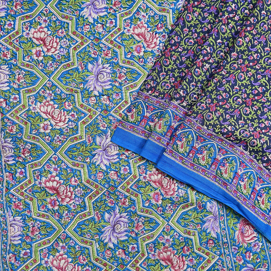 Indian Vintage Blue Sarees Pure Cotton Block Printed Sari 5yd Sewing Craft Fabric DressMaking Soft Crafting Quilting Upcycle