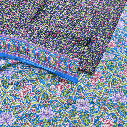 Indian Vintage Blue Sarees Pure Cotton Block Printed Sari 5yd Sewing Craft Fabric DressMaking Soft Crafting Quilting Upcycle