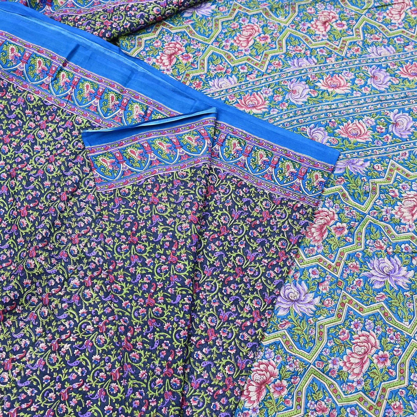 Indian Vintage Blue Sarees Pure Cotton Block Printed Sari 5yd Sewing Craft Fabric DressMaking Soft Crafting Quilting Upcycle