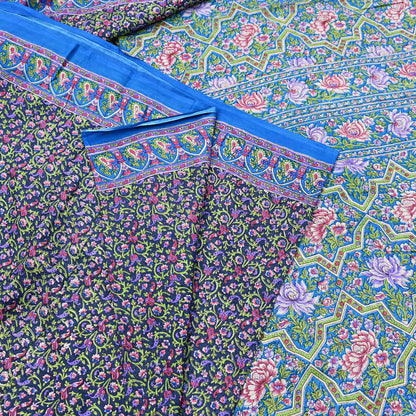 Indian Vintage Blue Sarees Pure Cotton Block Printed Sari 5yd Sewing Craft Fabric DressMaking Soft Crafting Quilting Upcycle