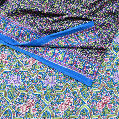 Indian Vintage Blue Sarees Pure Cotton Block Printed Sari 5yd Sewing Craft Fabric DressMaking Soft Crafting Quilting Upcycle