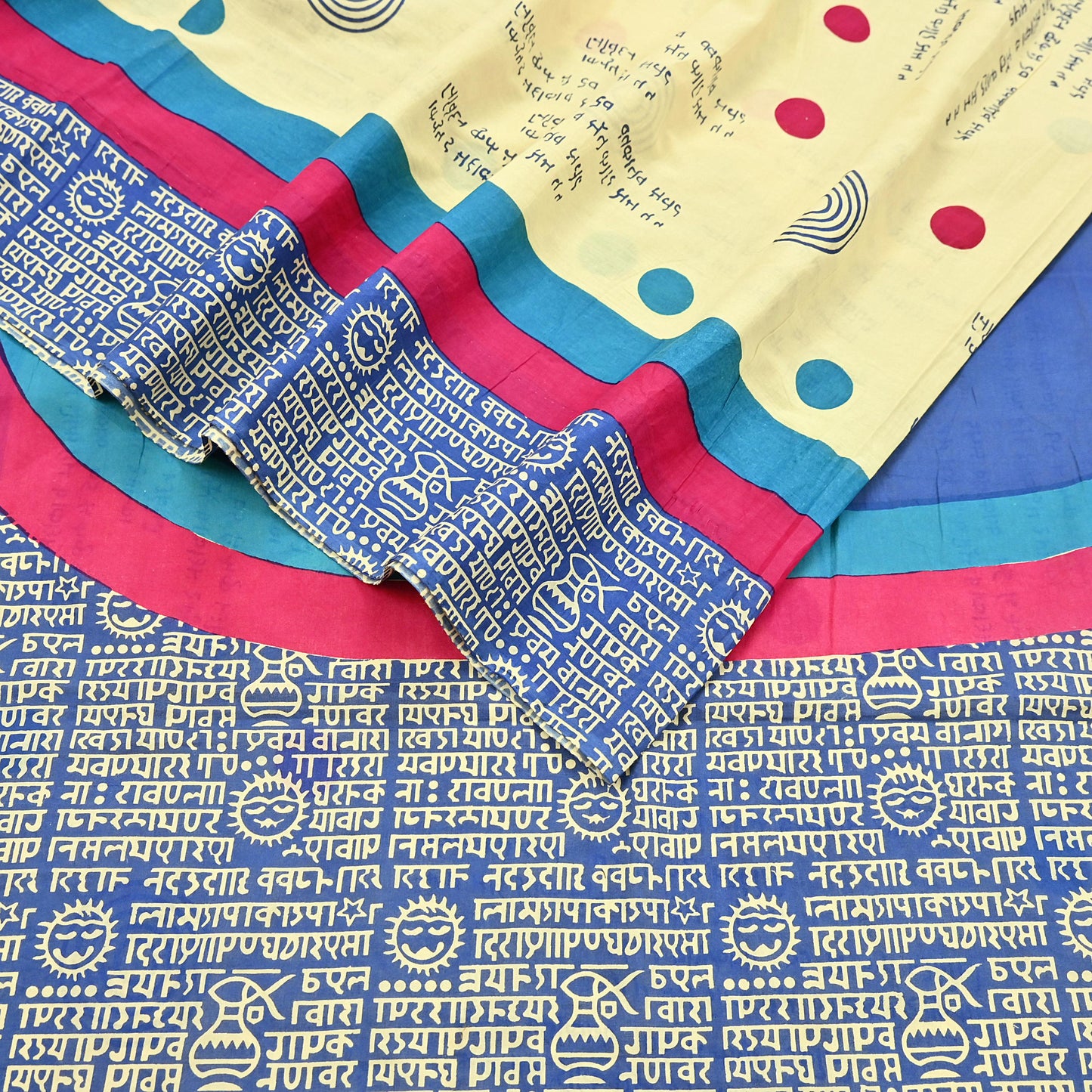 Indian Vintage Sari Blue & Yellow Printed Pure Cotton Sarees 5Yd Craft Fabric Soft Sewing Sarong Wrap Boho Upcycle quilting Dress making