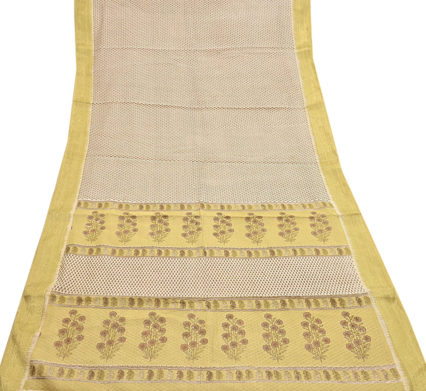 Indian Vintage Ivory & Yellow Saree Printed Pure Cotton Sari Craft Fabric 5Yd Soft Sewing Sarong Wrap Boho Floral Dress making Crafting