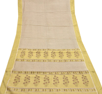 Indian Vintage Ivory & Yellow Saree Printed Pure Cotton Sari Craft Fabric 5Yd Soft Sewing Sarong Wrap Boho Floral Dress making Crafting