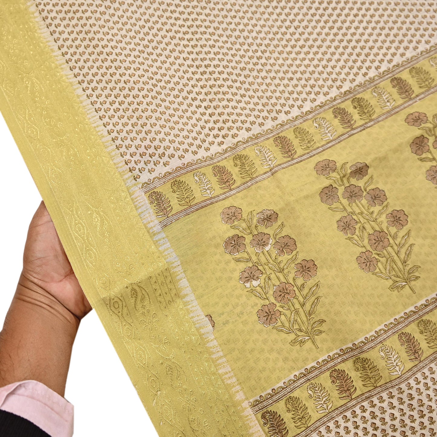 Indian Vintage Ivory & Yellow Saree Printed Pure Cotton Sari Craft Fabric 5Yd Soft Sewing Sarong Wrap Boho Floral Dress making Crafting