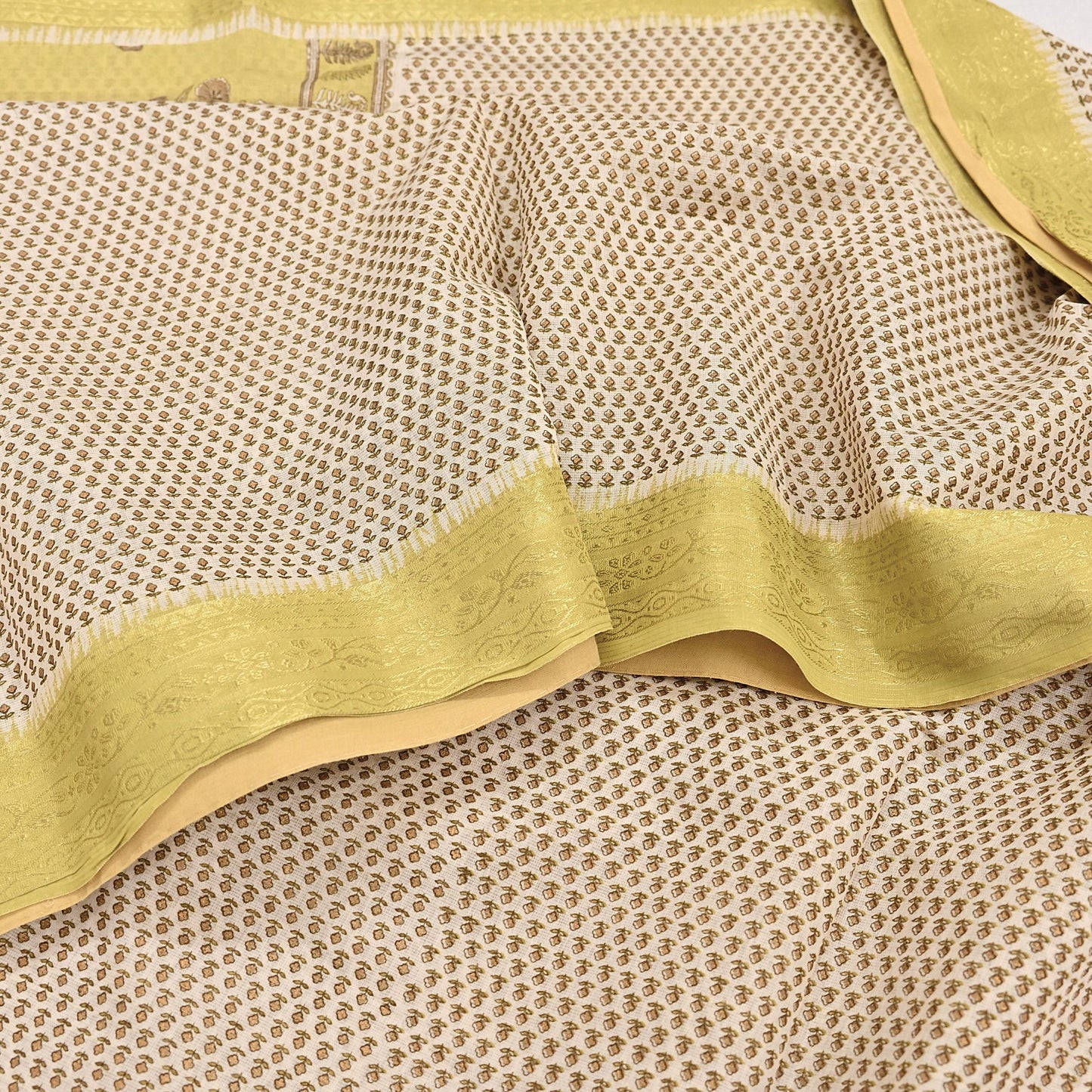 Indian Vintage Ivory & Yellow Saree Printed Pure Cotton Sari Craft Fabric 5Yd Soft Sewing Sarong Wrap Boho Floral Dress making Crafting