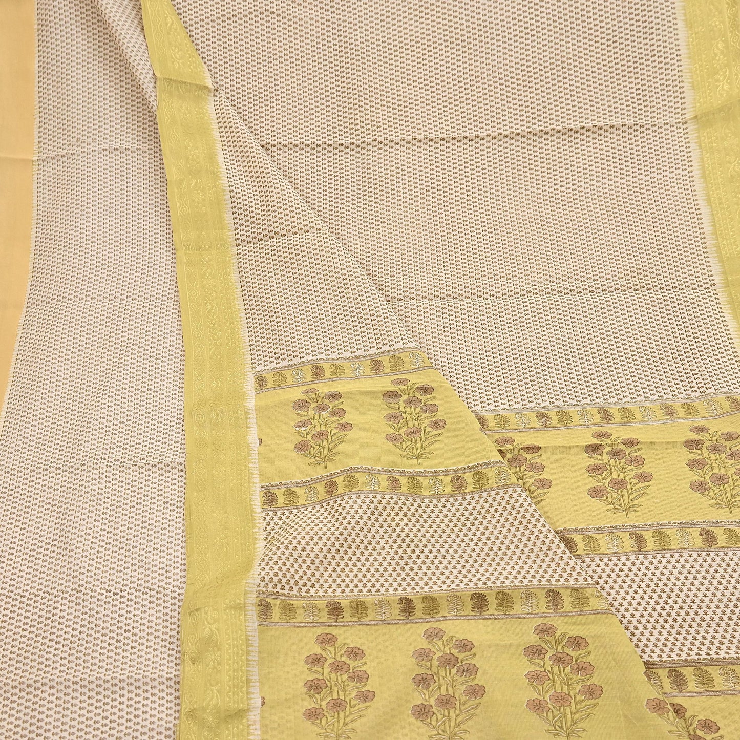 Indian Vintage Ivory & Yellow Saree Printed Pure Cotton Sari Craft Fabric 5Yd Soft Sewing Sarong Wrap Boho Floral Dress making Crafting