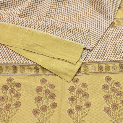 Indian Vintage Ivory & Yellow Saree Printed Pure Cotton Sari Craft Fabric 5Yd Soft Sewing Sarong Wrap Boho Floral Dress making Crafting