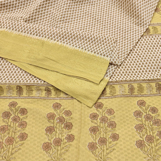 Indian Vintage Ivory & Yellow Saree Printed Pure Cotton Sari Craft Fabric 5Yd Soft Sewing Sarong Wrap Boho Floral Dress making Crafting