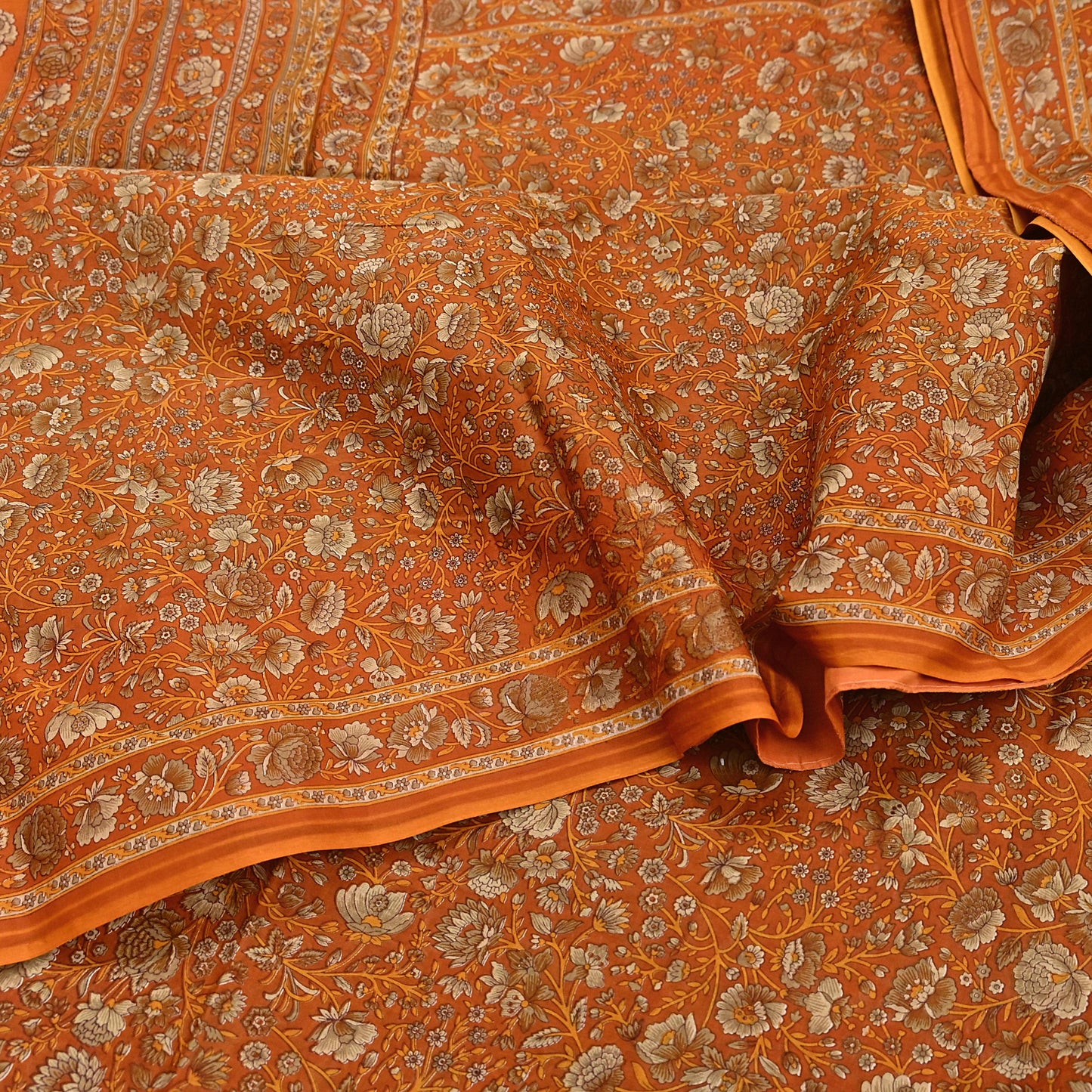 Indian Vintage Sari Orange Pure Cotton Printed Sarees Craft Fabric Soft 5Yd Sarong Wrap Boho Fabric Kimono Quilting Crafting Upcycle