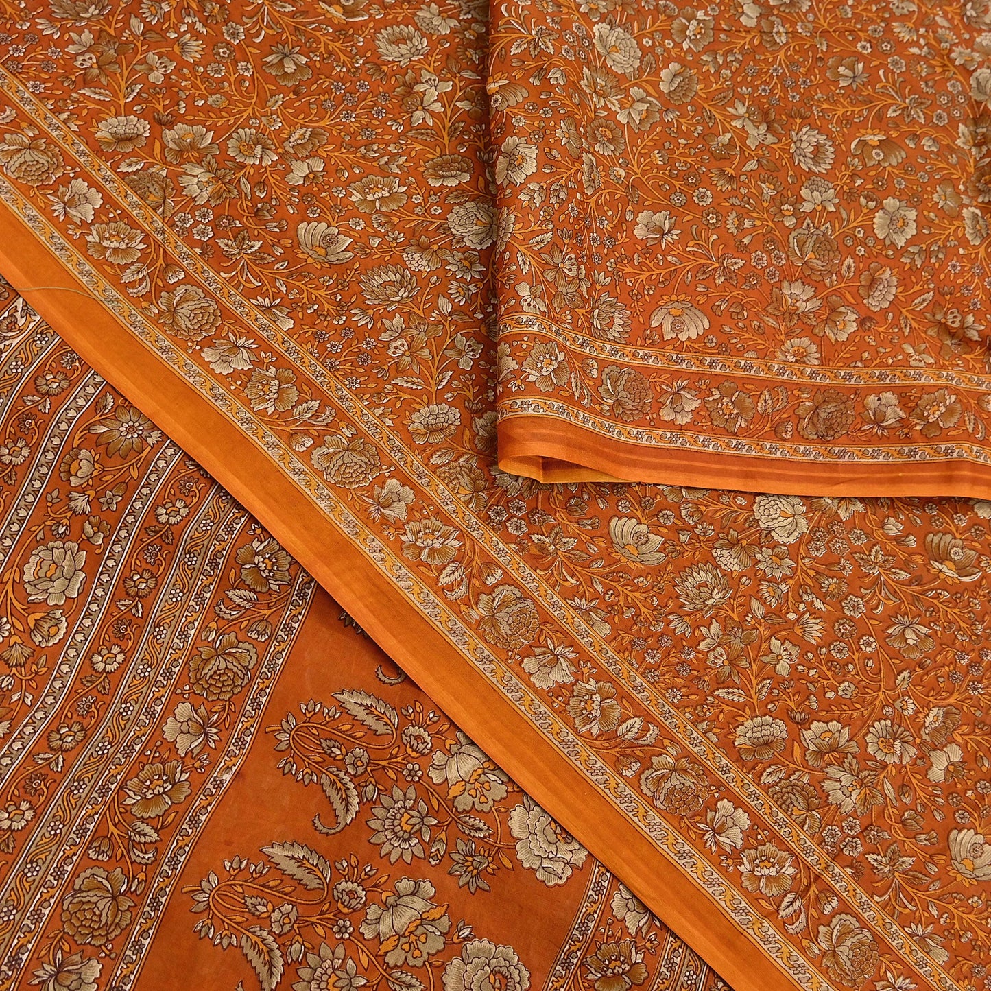 Indian Vintage Sari Orange Pure Cotton Printed Sarees Craft Fabric Soft 5Yd Sarong Wrap Boho Fabric Kimono Quilting Crafting Upcycle