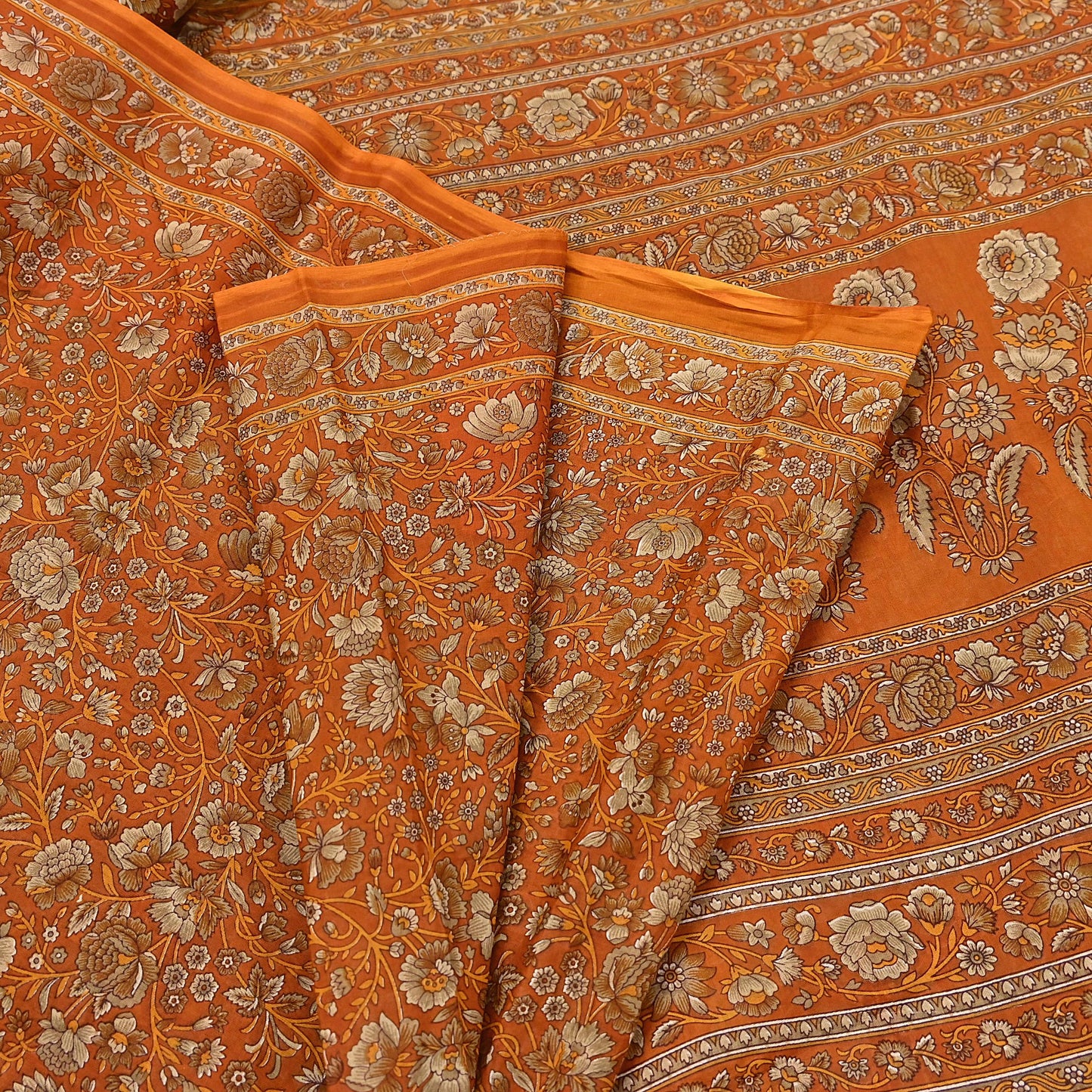 Indian Vintage Sari Orange Pure Cotton Printed Sarees Craft Fabric Soft 5Yd Sarong Wrap Boho Fabric Kimono Quilting Crafting Upcycle