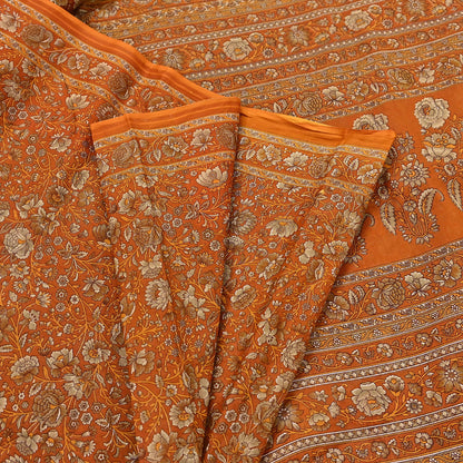 Indian Vintage Sari Orange Pure Cotton Printed Sarees Craft Fabric Soft 5Yd Sarong Wrap Boho Fabric Kimono Quilting Crafting Upcycle
