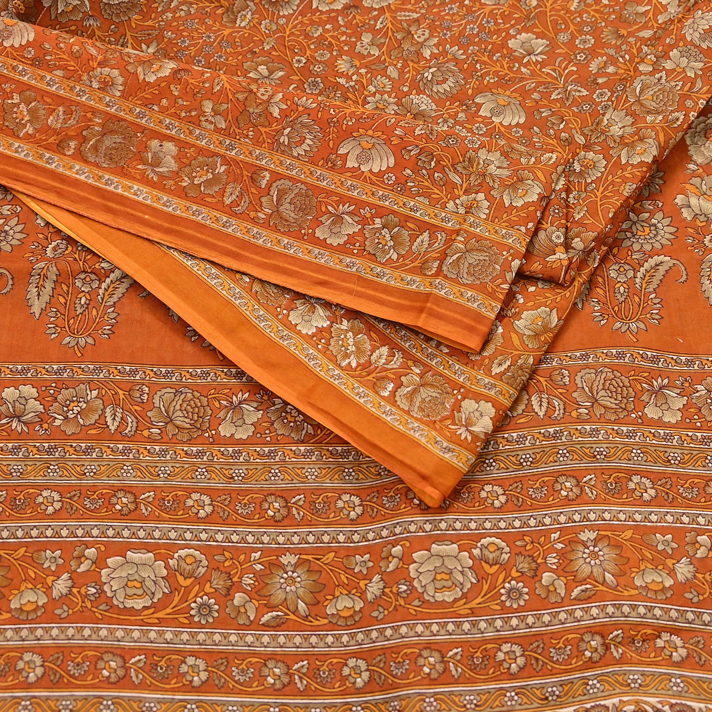Indian Vintage Sari Orange Pure Cotton Printed Sarees Craft Fabric Soft 5Yd Sarong Wrap Boho Fabric Kimono Quilting Crafting Upcycle