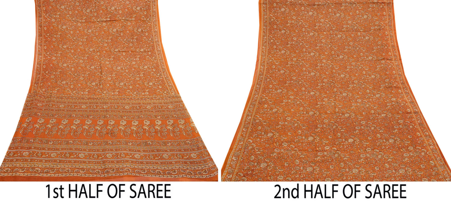 Indian Vintage Sari Orange Pure Cotton Printed Sarees Craft Fabric Soft 5Yd Sarong Wrap Boho Fabric Kimono Quilting Crafting Upcycle