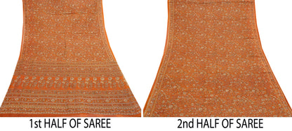 Indian Vintage Sari Orange Pure Cotton Printed Sarees Craft Fabric Soft 5Yd Sarong Wrap Boho Fabric Kimono Quilting Crafting Upcycle
