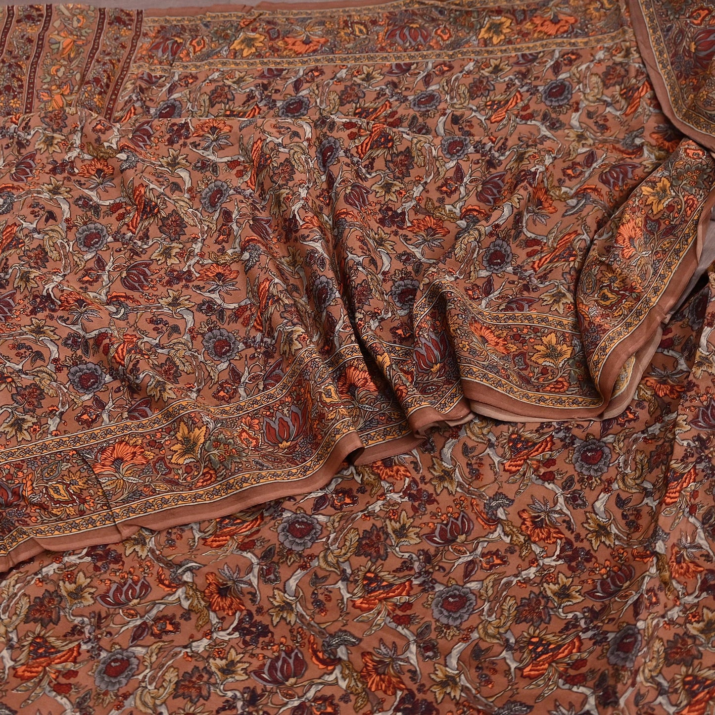 Indian Vintage Sari Brown Pure Crepe Silk Hand Embroidered Saree 6yd Sewing Floral Craft Sequins Dress making Crafting Quilting