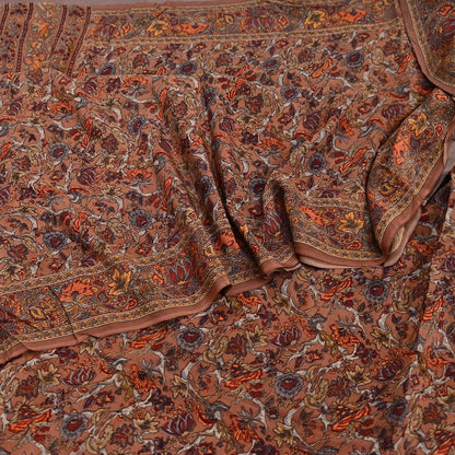 Indian Vintage Sari Brown Pure Crepe Silk Hand Embroidered Saree 6yd Sewing Floral Craft Sequins Dress making Crafting Quilting
