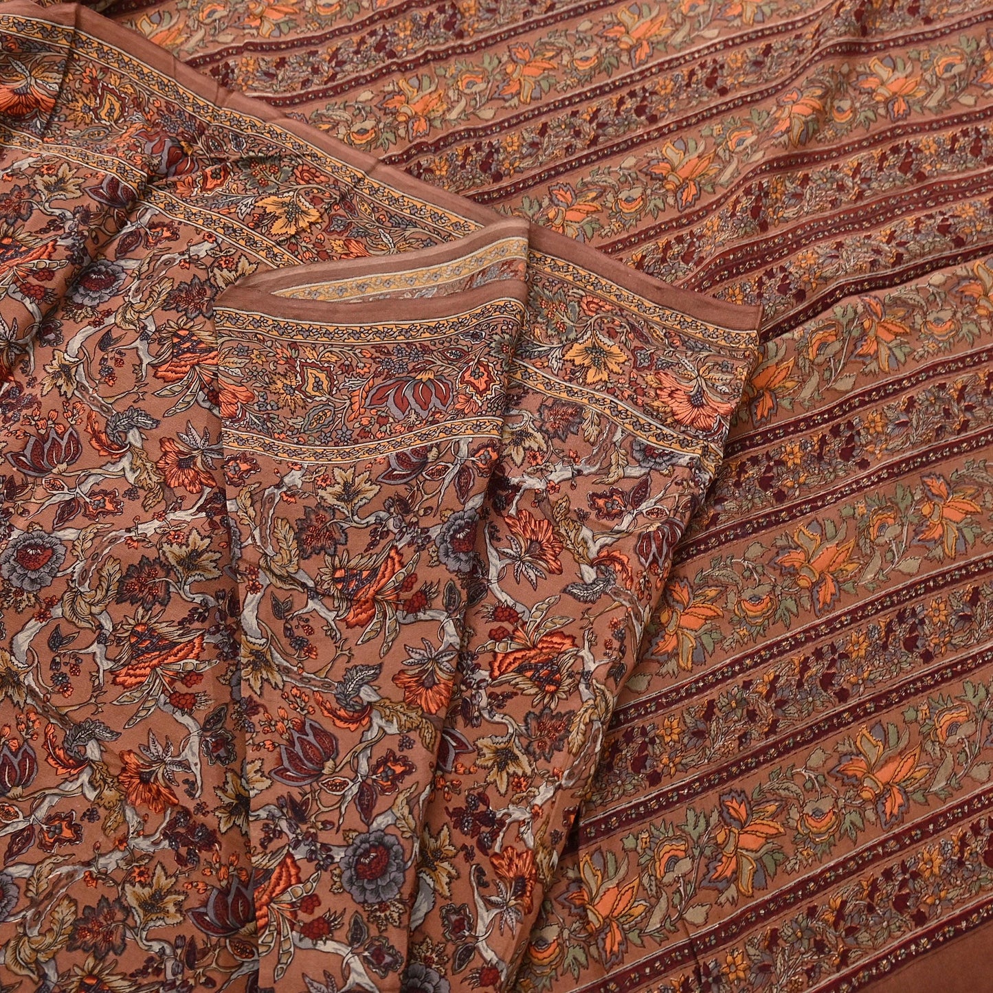 Indian Vintage Sari Brown Pure Crepe Silk Hand Embroidered Saree 6yd Sewing Floral Craft Sequins Dress making Crafting Quilting
