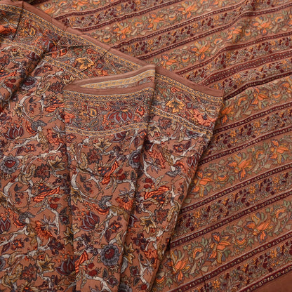 Indian Vintage Sari Brown Pure Crepe Silk Hand Embroidered Saree 6yd Sewing Floral Craft Sequins Dress making Crafting Quilting