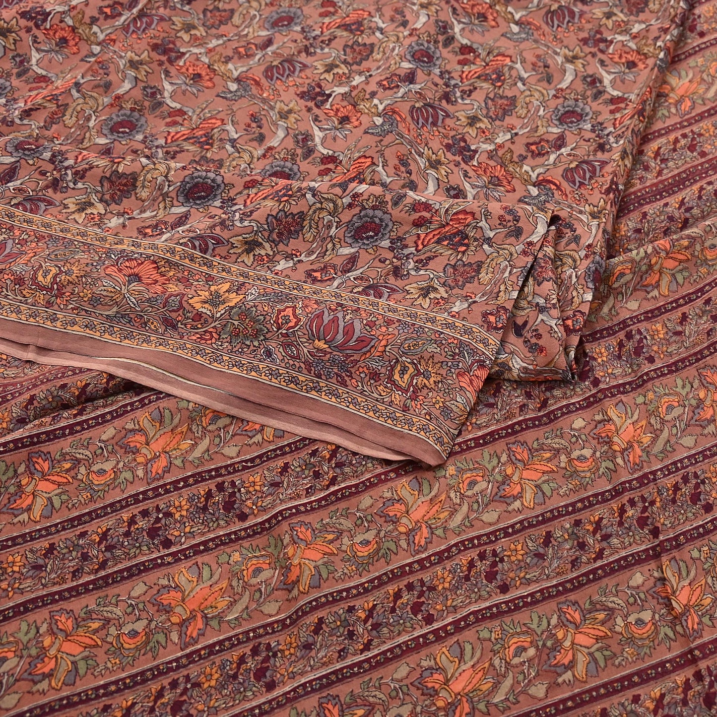 Indian Vintage Sari Brown Pure Crepe Silk Hand Embroidered Saree 6yd Sewing Floral Craft Sequins Dress making Crafting Quilting