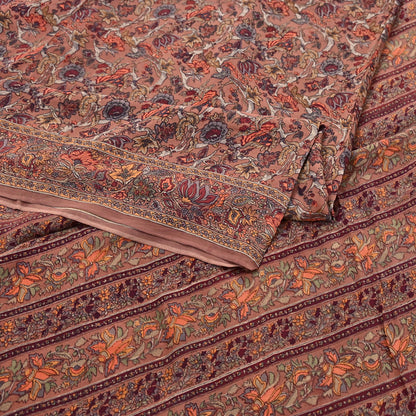 Indian Vintage Sari Brown Pure Crepe Silk Hand Embroidered Saree 6yd Sewing Floral Craft Sequins Dress making Crafting Quilting