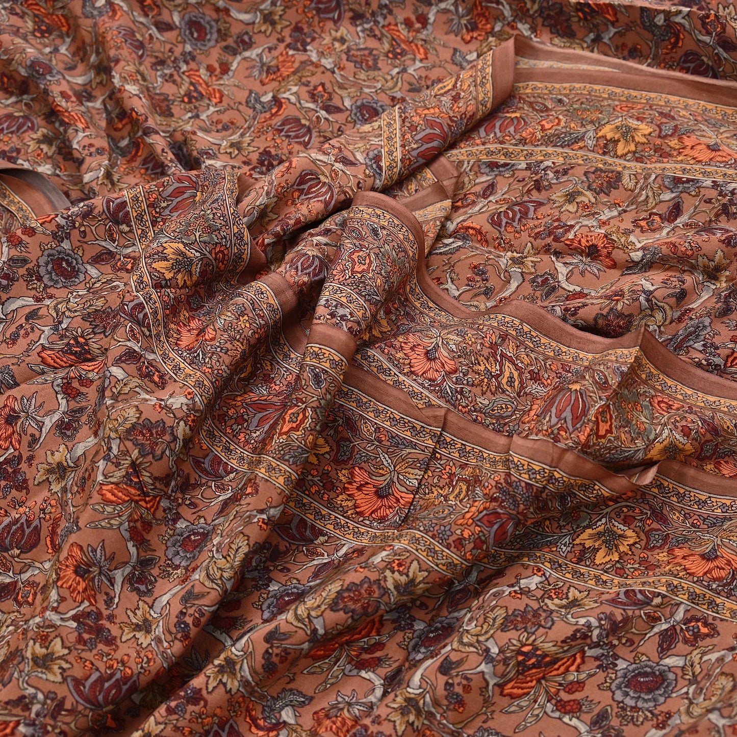 Indian Vintage Sari Brown Pure Crepe Silk Hand Embroidered Saree 6yd Sewing Floral Craft Sequins Dress making Crafting Quilting